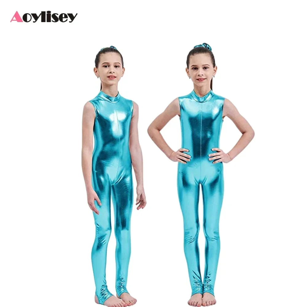 ชุดจั๊มสูทแขนกุดสีเมทัลลิกสำหรับเด็กผู้หญิง ซิปหลัง ชุดเต้นบัลเลต์ ชุดแสดงบนเวที ชุดยูนิทาร์ด คอสเพลย์ ชุดฮาโลวีน