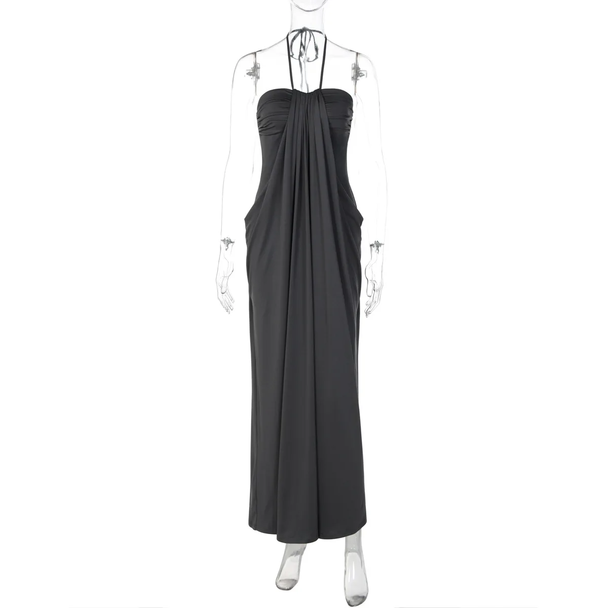 Robe longue élégante sexy dos nu à licou pour femme, style patchwork, épaules dénudées, sans manches, froncée et drapée, moulante, pour soirée et club