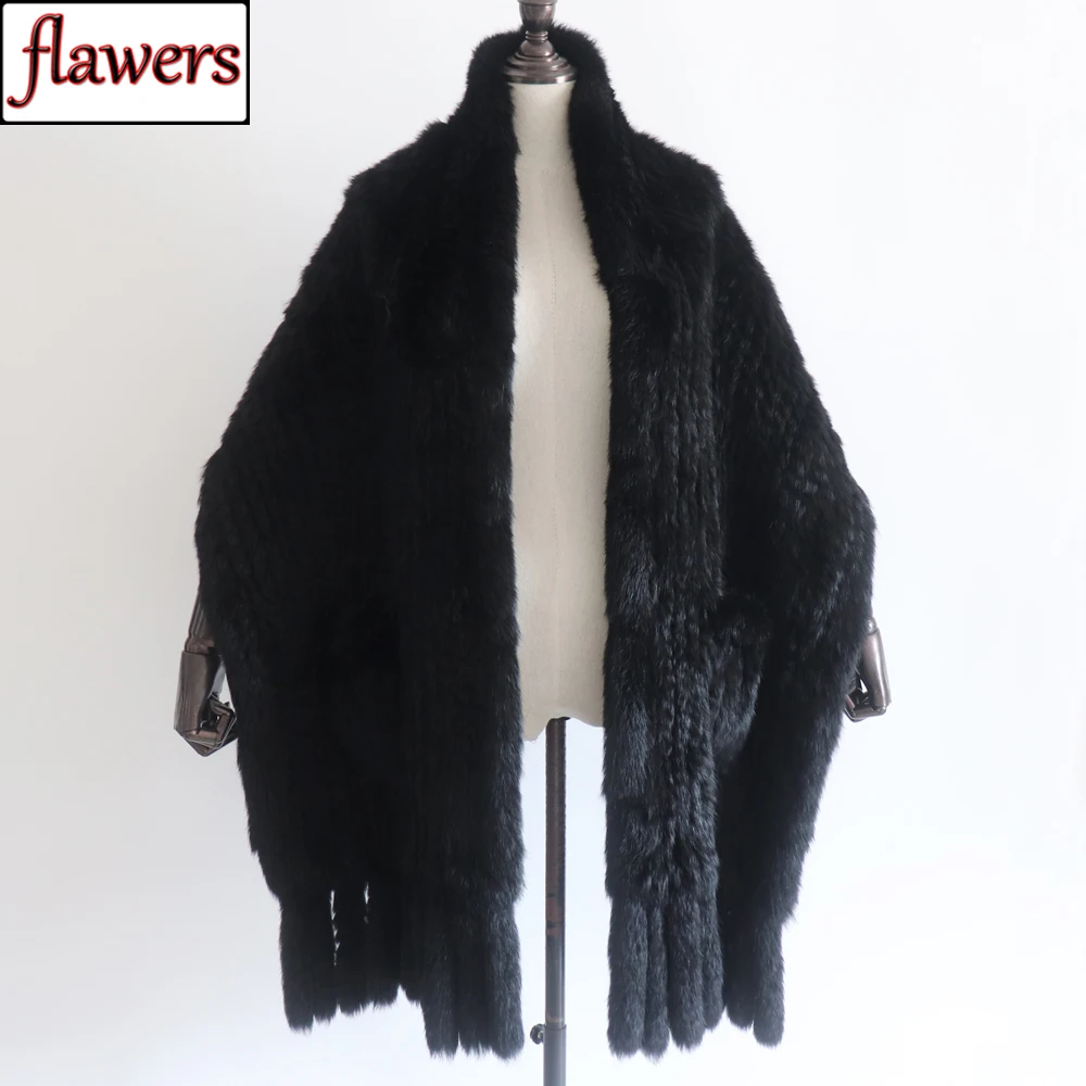 

Female Hand Knitted Rabbit Fur Poncho Scarves Winter Women Fashion Real Rabbit Fur Shawl 100% Natural Quality Rabbit Fur Scarf