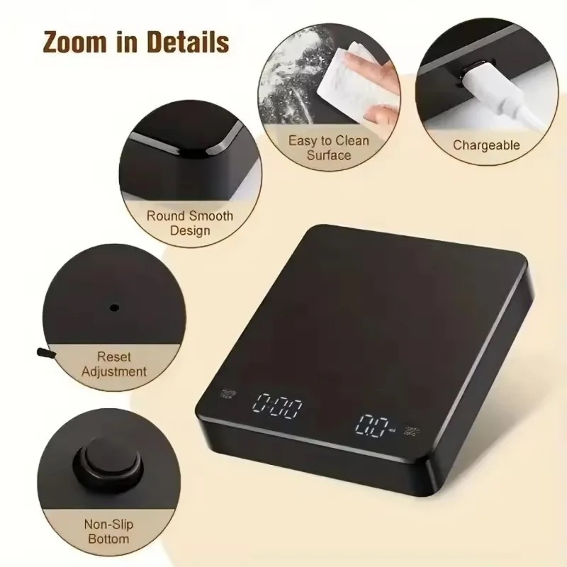 Balança Digital USB Recarregável para Café com Timer e Tela LED, Medição de Alta Precisão de 0,1g a 2kg, Balança de Cozinha Nova