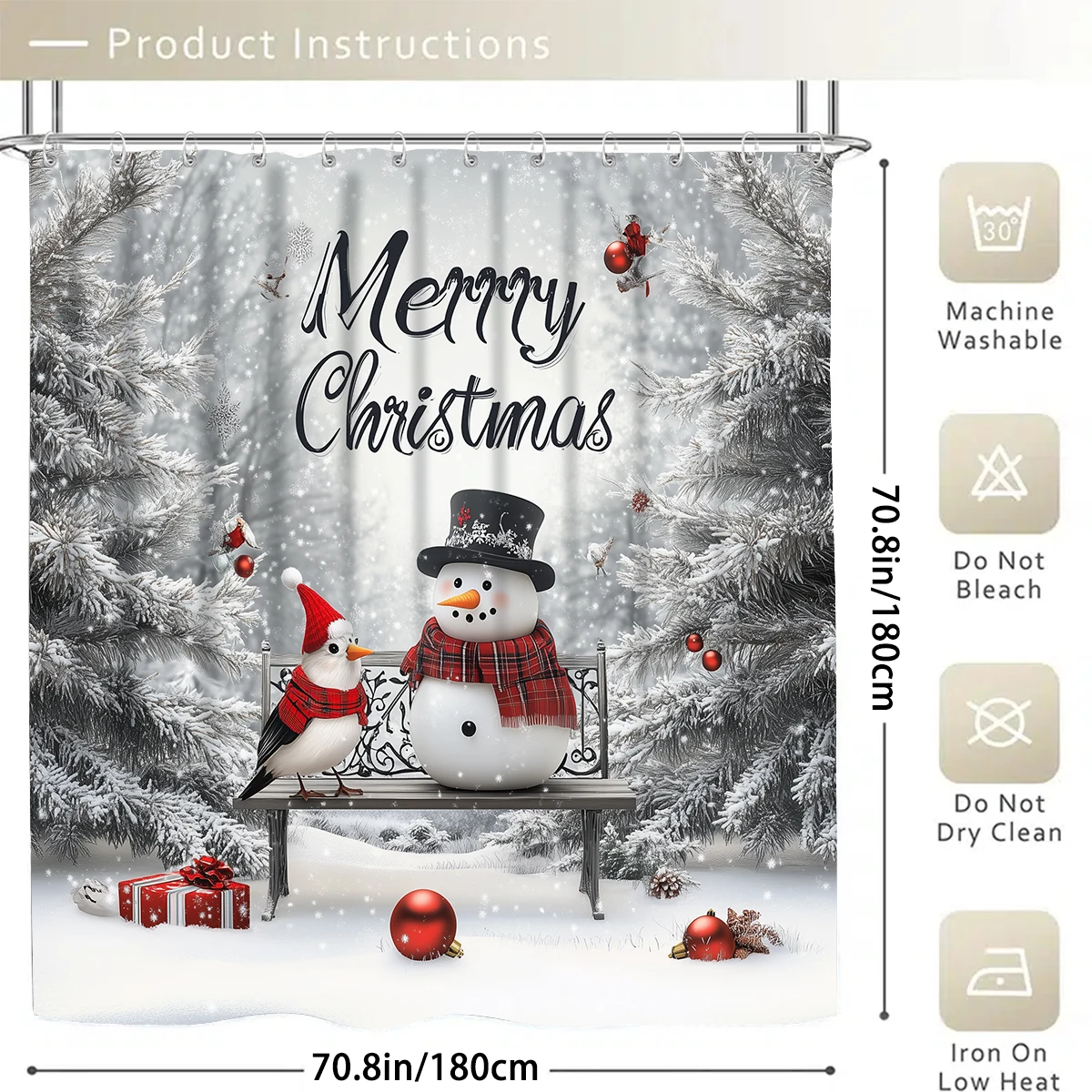 Christmas Snow snowman 1/4PC shower curtain set waterproof shower curtain and waterproof non-slip carpet,12 hooks included