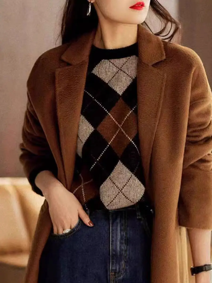 Otoño Invierno cuello redondo enrejado prismático Vintage suéter señoras suelto Casual todo-fósforo pulóver jerseys mujeres Top de fondo