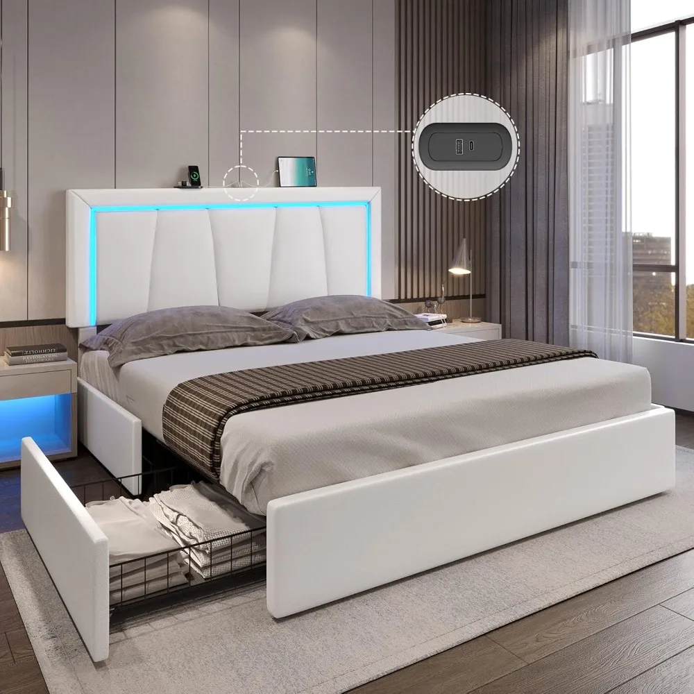 California King-White Bed Frame com gavetas de armazenamento e luzes led, estofados plataforma de armazenamento com USB e cabeceira, 4 cabeceiras