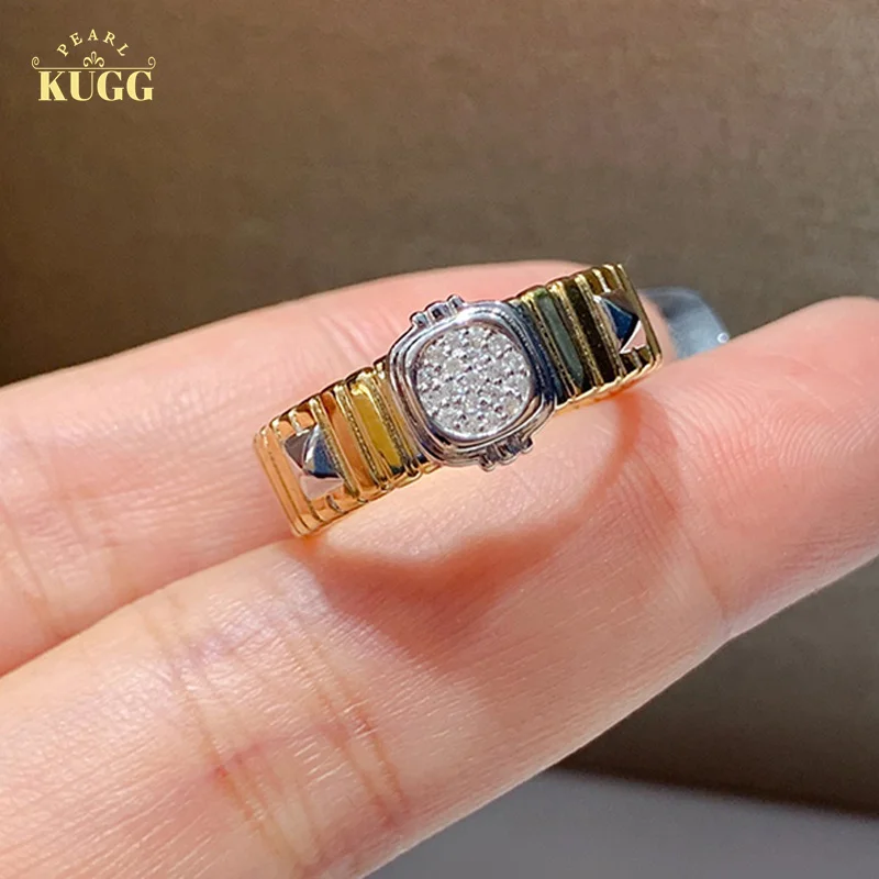 

KUGG 18K White and Yellow Gold Rings Real Natural Diamond Vintage Medieval Style Sqring Opening Design Party Jewelry for Women