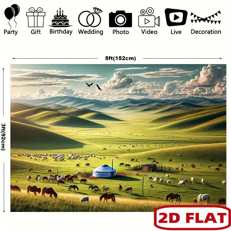Mongolian Yurt Grassland Herd Horse Sheep Mountain Tapestry 2D Flat Printing Wall Hanging Backdrop for Living Room Office Decor