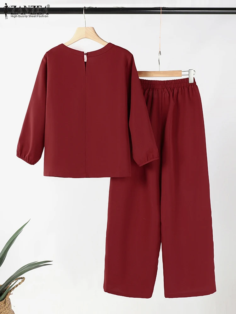 ZANZEA Fashion 3/4 Sleeve Blouses 2pcs Outfits Women Casual Wide Leg Pants Holiday Pant Sets Autumn 2024 Solid Matching Sets