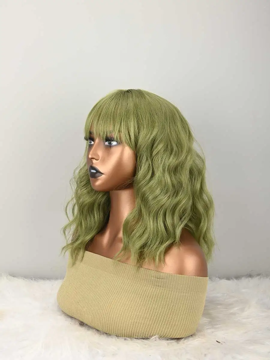 HAIR Natural green Synthetic Curly Wavy Bob Wig with Bangs for Womenen