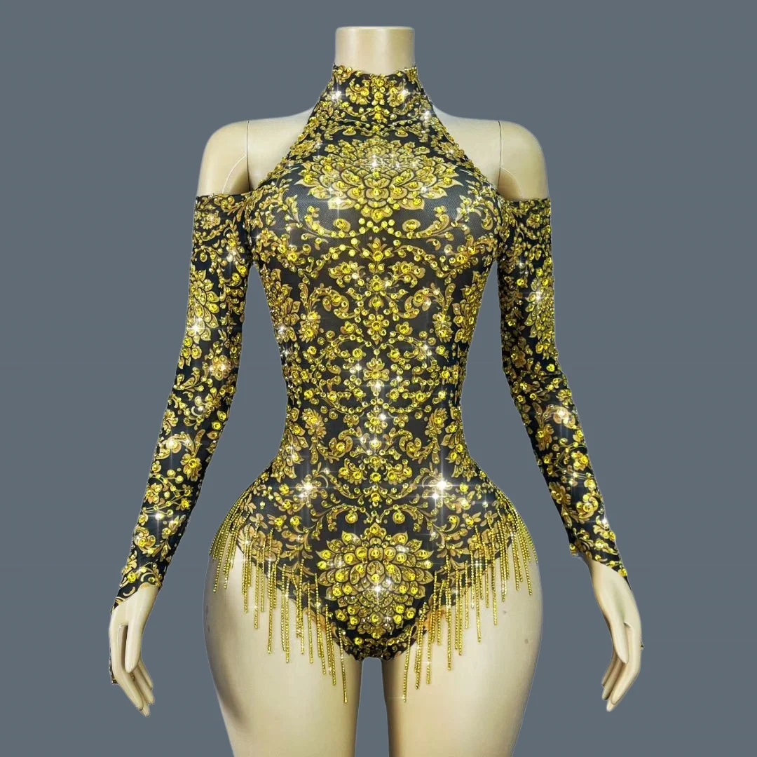 Women Sexy Spandex Elastic Dance Night Club Bodysuit Singer Stage Outfit Sparkly Rhinestone Long Sleeves Party Wear Jinhuaxu
