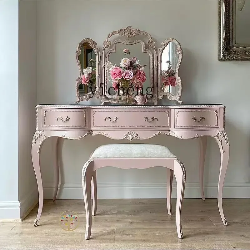 ZC Vintage Distressed Pink Dressing Table Solid Wood Carved Dressing Table Dressing Stool Glass Combination Complete Set