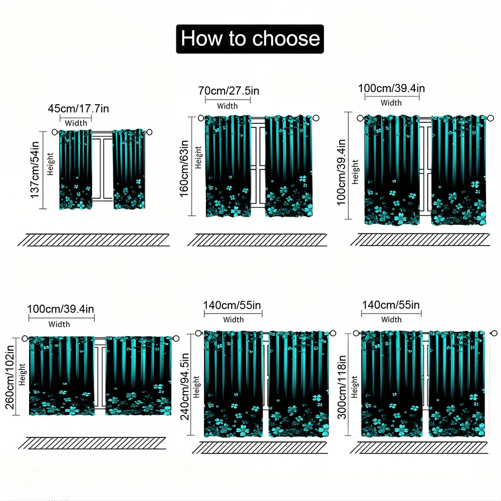 Teal Floral Striped Print Window Curtains for Bedroom Living Room Blackout Thermal Insulated Drapes for Privacy&Modern HomeDecor