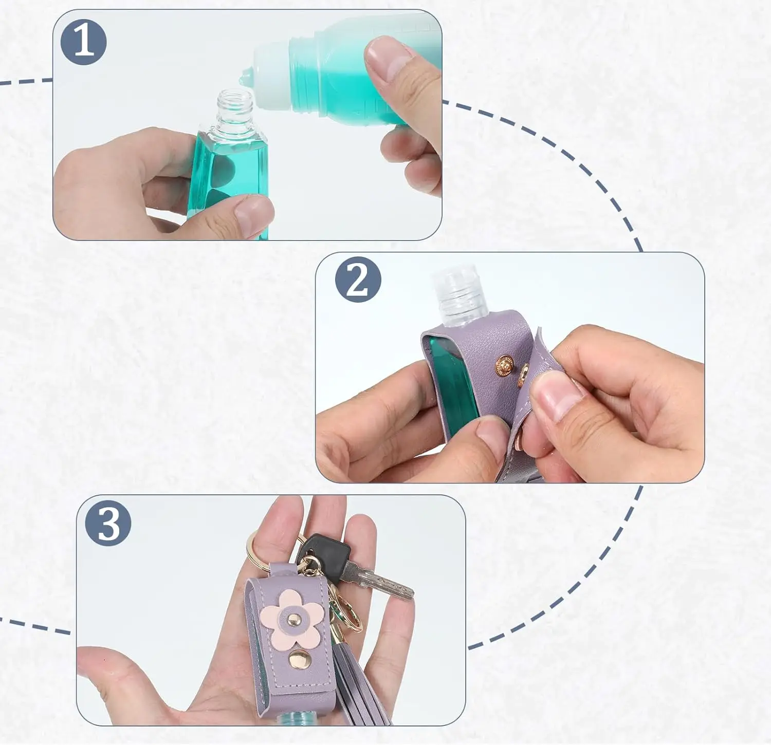 4個のポータブル空ボトルキーホルダー、1オンス/30ml PUレザー手洗い液ホルダー、詰め替え可能なプラスチックボトルトラベルホルダー
