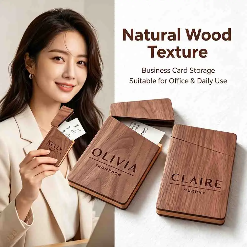 

Business Card Holder Wooden Office Desk Accessory Custom Personalized Name Case Vintage ID Box Wood Grain Corporate Men Gift