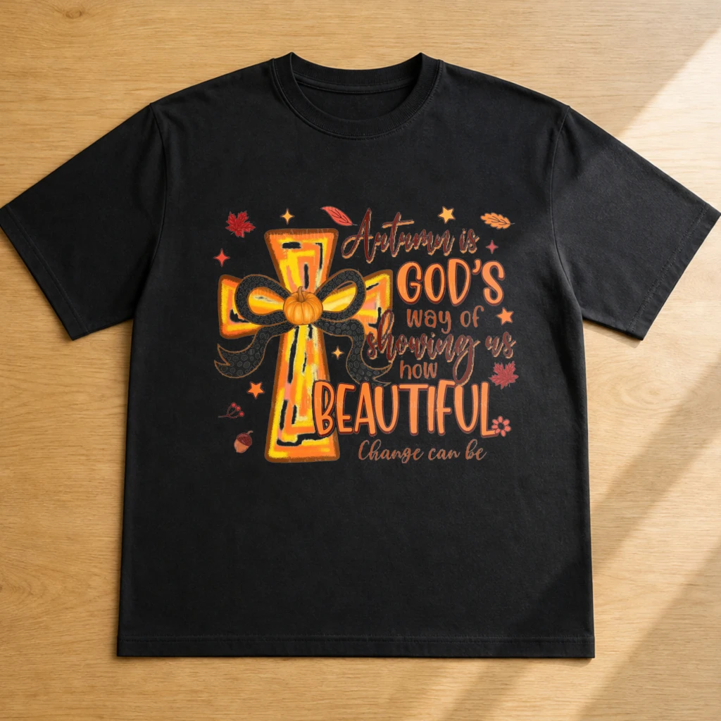 Autumn Is God's Way Showing Beautiful Change Pumpkin Cross Print Men T Shirt Fall Season Rustic Wooden Texture Tee