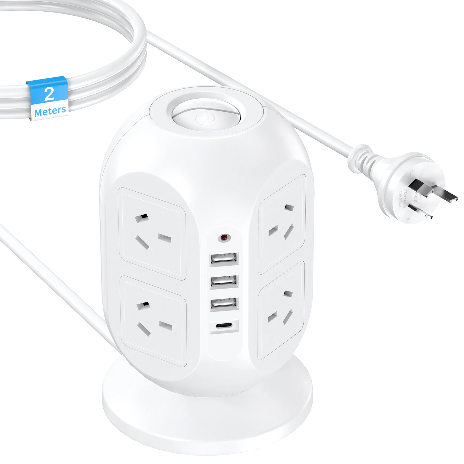 

Башенная розетка 12 в 1, порт 8AC + 3USB-A + 1USB-C, главный переключатель управления 2500, защита от перегрузки, удлинительный кабель длиной 2 метра