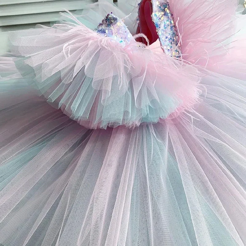 Rainbow Sequin feather Luxurious Baby Girl cake Dress Birthday Party Wedding Girl Princess Tuxedo Evening Dresses  Kid Clothes