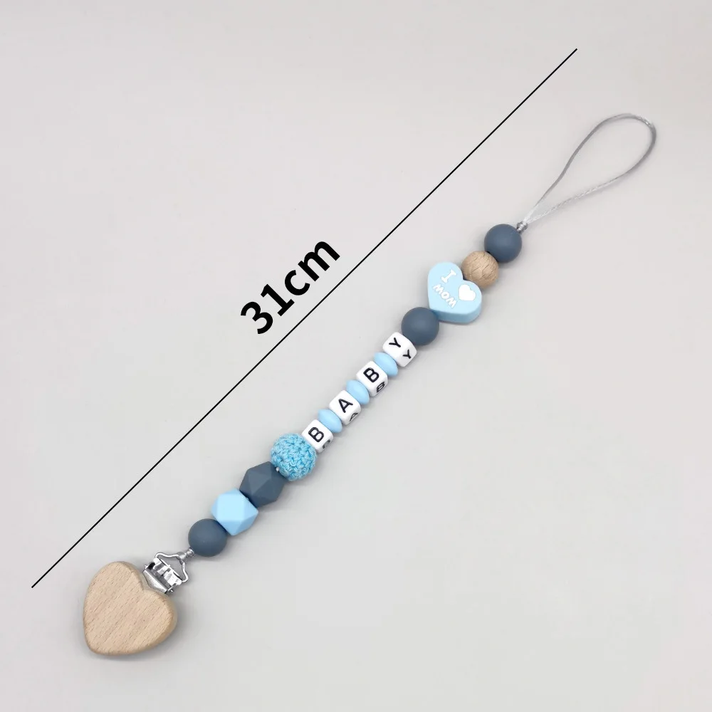 Настраиваемые персонализированные имя, детский прорезыватель, зажимы для соски, силиконовые бусины в форме сердца, цепочка-держатель для соски-пустышки, подарок для кормления младенцев