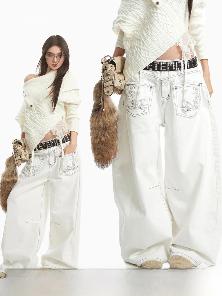 

Джинсы женские CCUP SPACE в американском ретро-стиле с вышивкой, широкие штанины, осенне-зимние, повседневные, длинные брюки