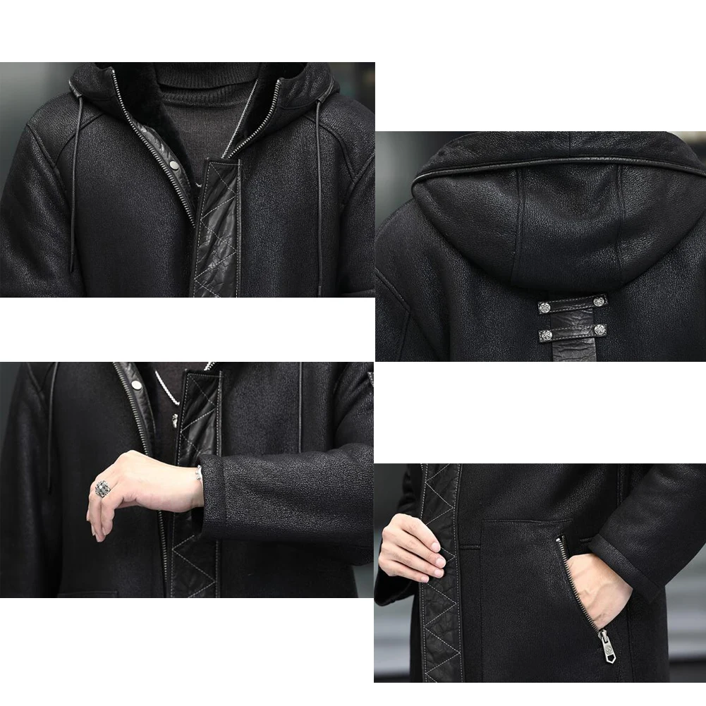 Denny&Dora Real Fur Mens Coats Black Leather Coat Long Shearling B7 Leather Coat