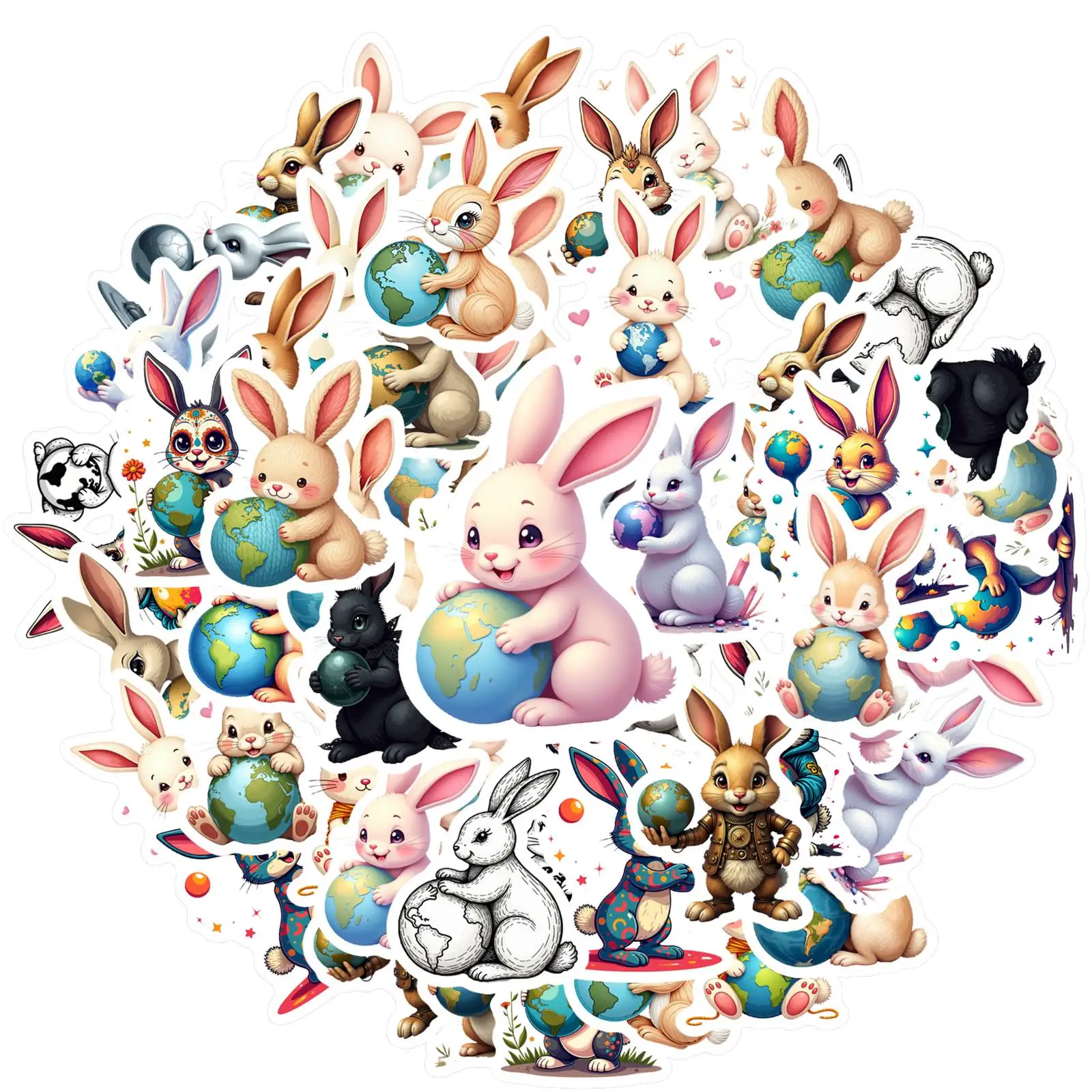 35pcs-50pcs Cute Rabbits Stickers Whimsical Earth  Stickers Stationery Stickers For DIY Phone Guitar Laptop Notebook