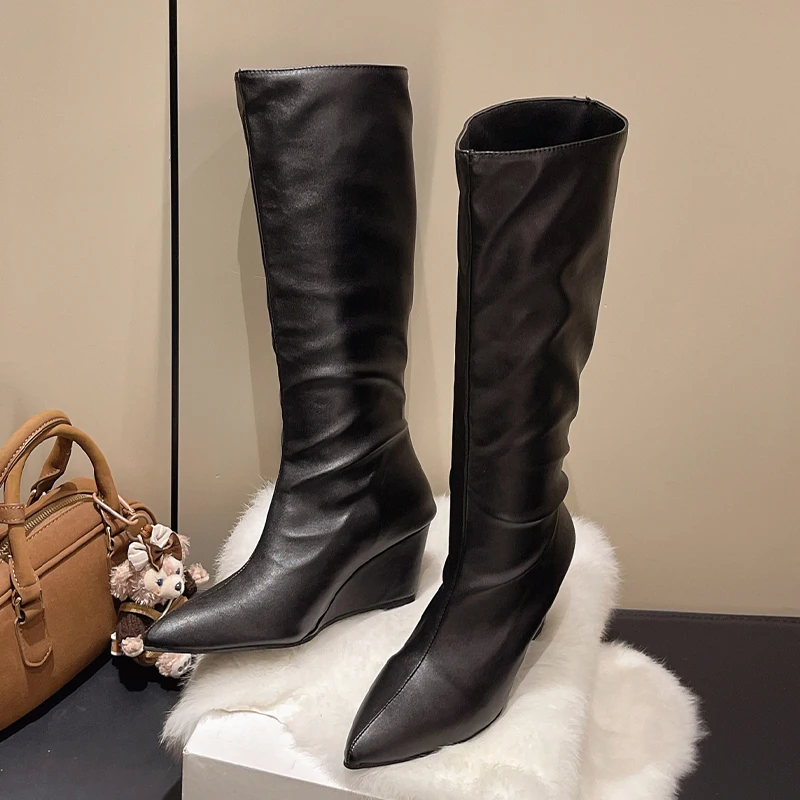 

Knee High Women Long Boots Wedges Designer Shoes Pointed Toe High Heels Boots Winter 2025 Sexy Chelsea Boots Woman Pumps Botas