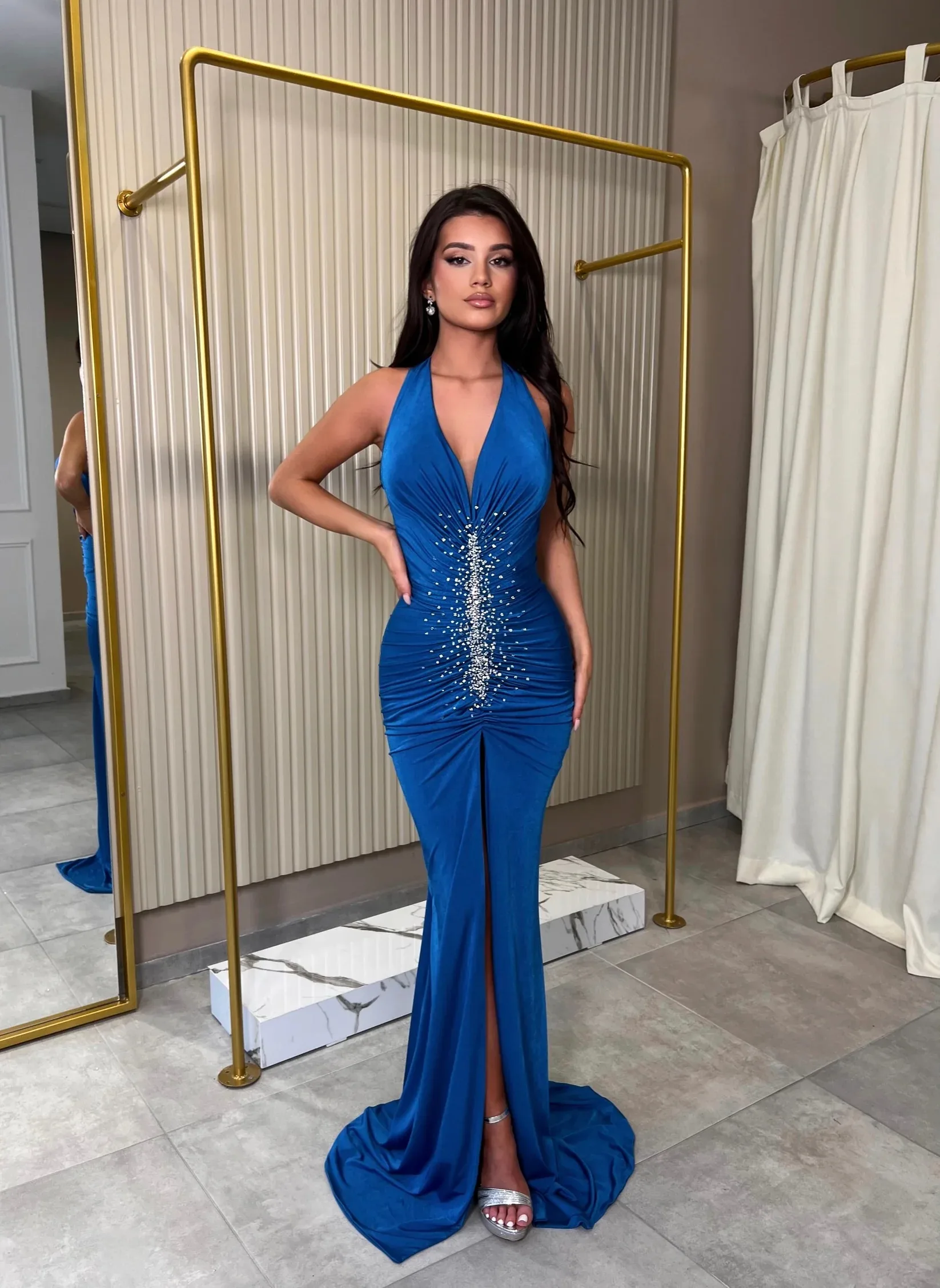 Luxury Royal Blue Halter Satin Mermaid Dress with Beaded Detail and High Slit Women Gala Evening Gown Customized B262615