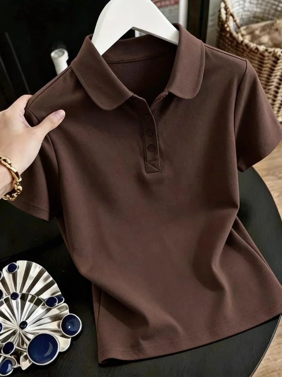 

Loose Fit Women's Neck Short Sleeve T-Shirt Brand Button Casual Pure Color Versatile Slimming Top Korean Style Summer Shirt