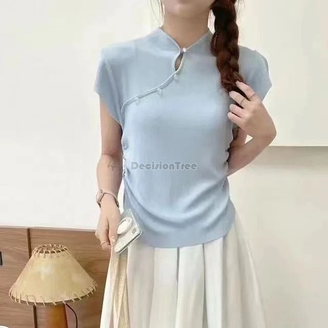 

2025 новый китайский улучшенный стиль с воротником-стойкой, топ Cheongsam с коротким рукавом, простая элегантная женская повседневная основа, утягивающая блузка Ципао