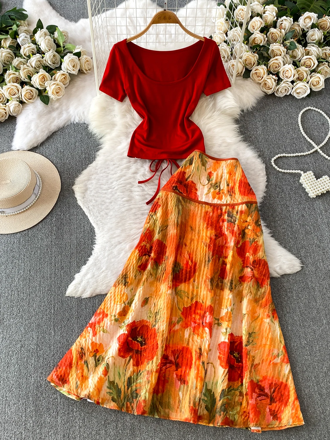 Sexy Hollow out Back U-Neck Design T-Shirt And Long Skirt Two-Piece Set for Vacation Elegant And Fashionable Street Style