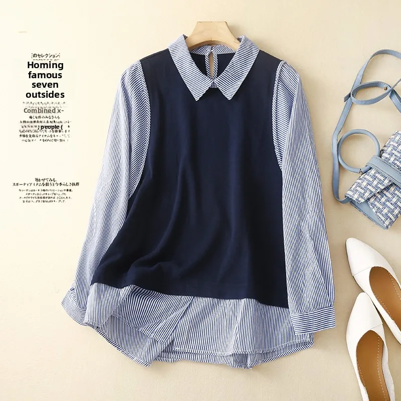 Ele Color Blo Gestreepte Ne Loose Long Sve Dames irt Casual Sle Button Detail Overhead Top Herfstkleding