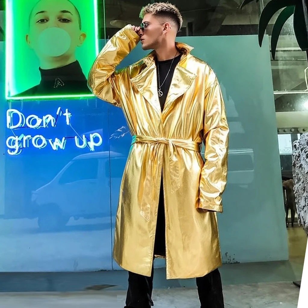 Shiny Gold/Silver Performance Long Trench Jackets for Men DJ Night Club Stage Dance Performance Glossy Windbreaker Cloak Coats
