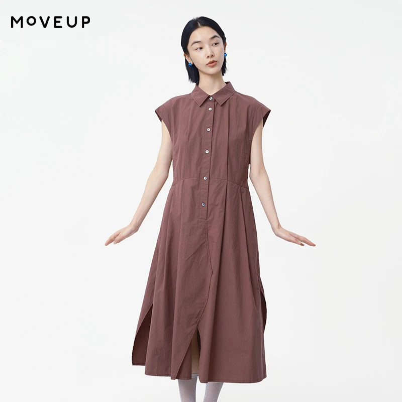 

MOVEUP Commuter Sleeveless Dress 2026 Summer New Cotton Turn-Down Collar Half Open Collar Slit Hem Casual A-Line Dress 125221363