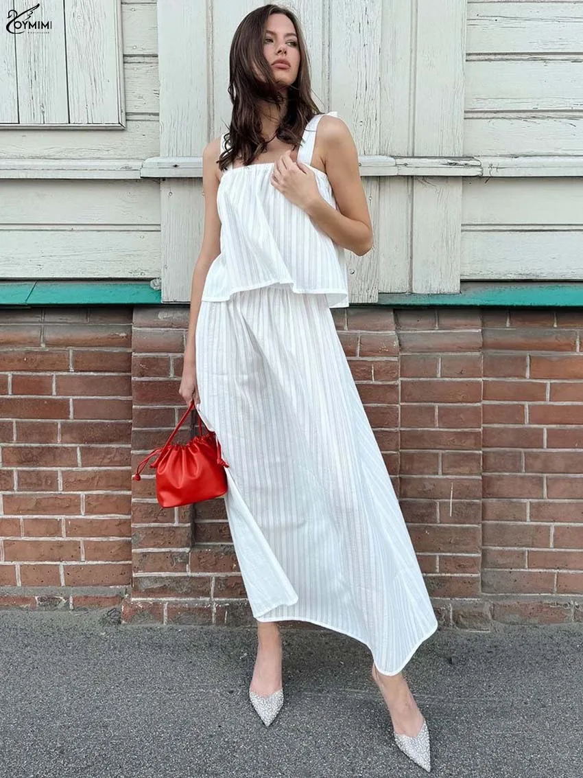 

Oymimi Summer White Cotton 2 Pieces Set For Woman Casual Open Back Sliip Tops And High Waisted Straight Ankle-Length Skirts Sets