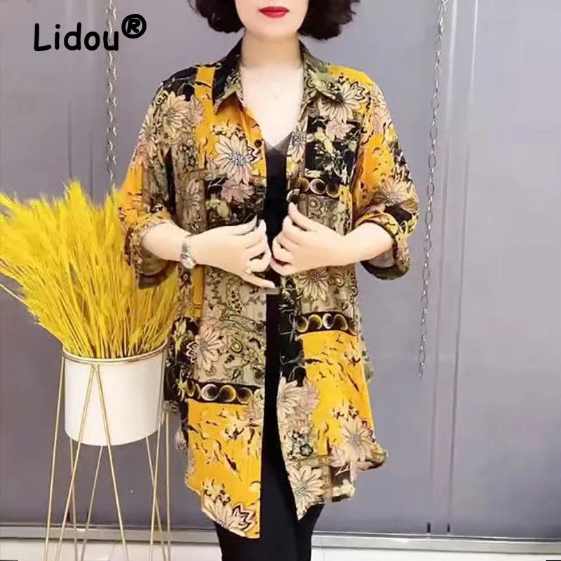 Middle Aged Women\'s Clothing 2024 Summer Fashion Floral Print Shirt Lapel 3/4 Sleeve Oversize Blouse Ladies Irregular Tunic Tops