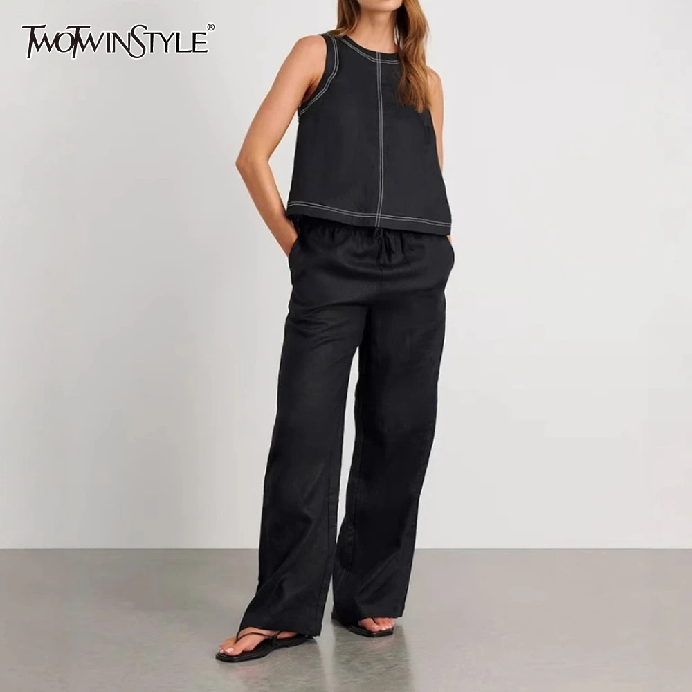 

TWOTWINSTYLE Minimalist Two Piece Set for Women O Neck Sleeveless Vest High Waist Patchwork Drawstring Pants Loose Outfit Female