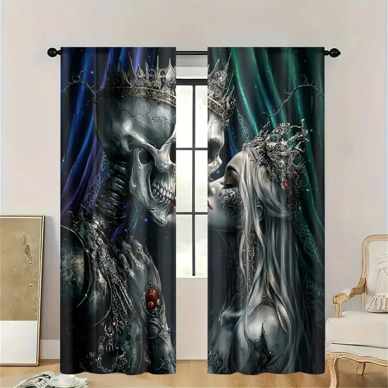 Mysterious Gothic Skeleton Skull Print Curtain Panel Window Drapes Dark Fantasy Halloween Spooky Room Decor Filtering Filtration