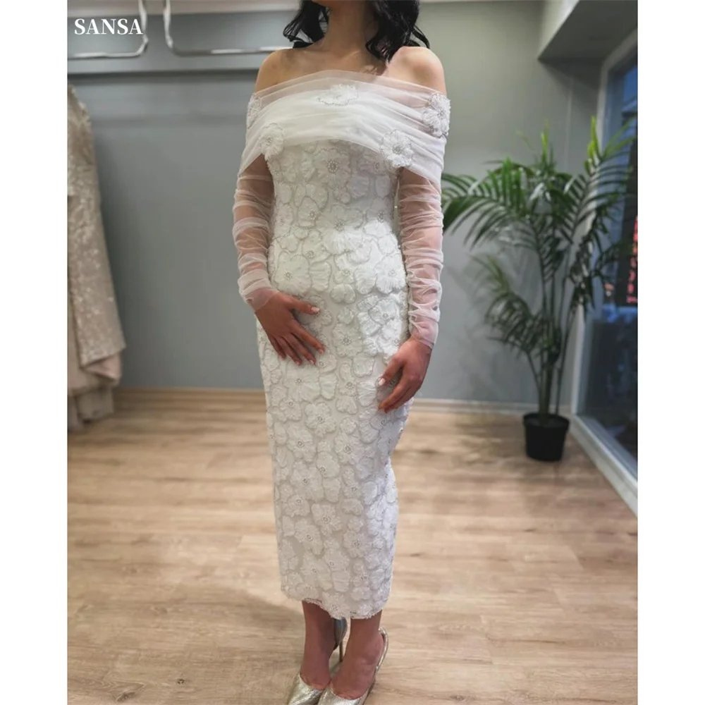 Sansa Luxury White Off Shoulder Evening dresses 3D Lace Embroidery Beaded Vestidos de fiesta Mermaid Ankle-Length فساتين سهرة