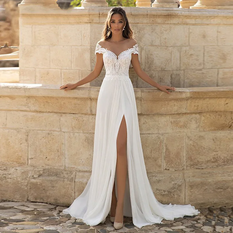 

Customized A Line Women Wedding Dresses Side Slit Lace Chiffon Bridal Gowns Formal Court Train robe de mariée