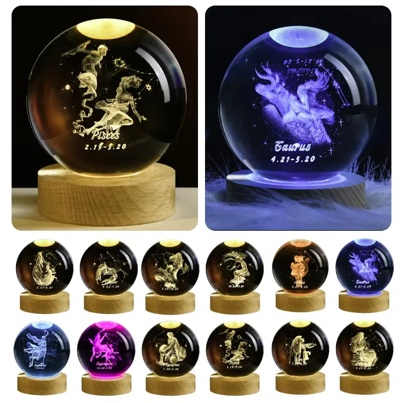 3D Crystal Ball 12 Constellations Colorful Light Atmosphere Aries Taurus Home Decoration Gifts for Kids Couple