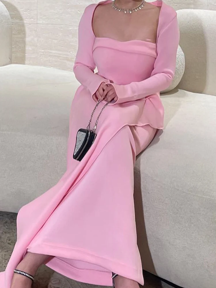 

Элегантный комплект без бретелек с разрезом, длинная юбка, шаль, кардиган, женский повседневный комплект с длинным рукавом, тонкая полуюбка, модный плиссированный розовый наряд