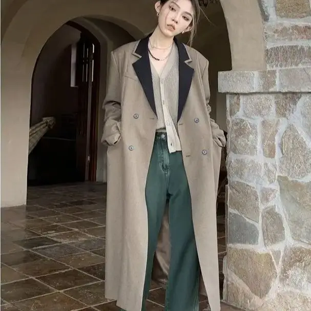 Suit Coat Spliced ​​Collar Spring And Autumn Ins Light Luxury High-End Long Style Windbreaker Jacket For Women