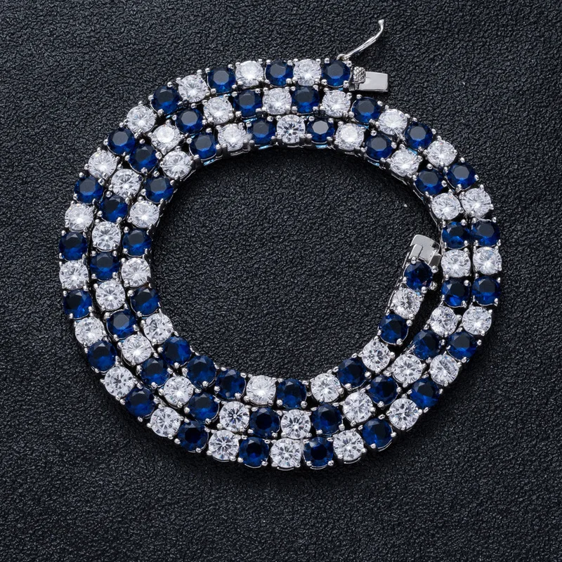 Iced Out Blue White Alternating CZ Tennis Chain Silver Plated Round Cubic Zirconia Tennis Necklace for Men Women Hip Hop Rapper
