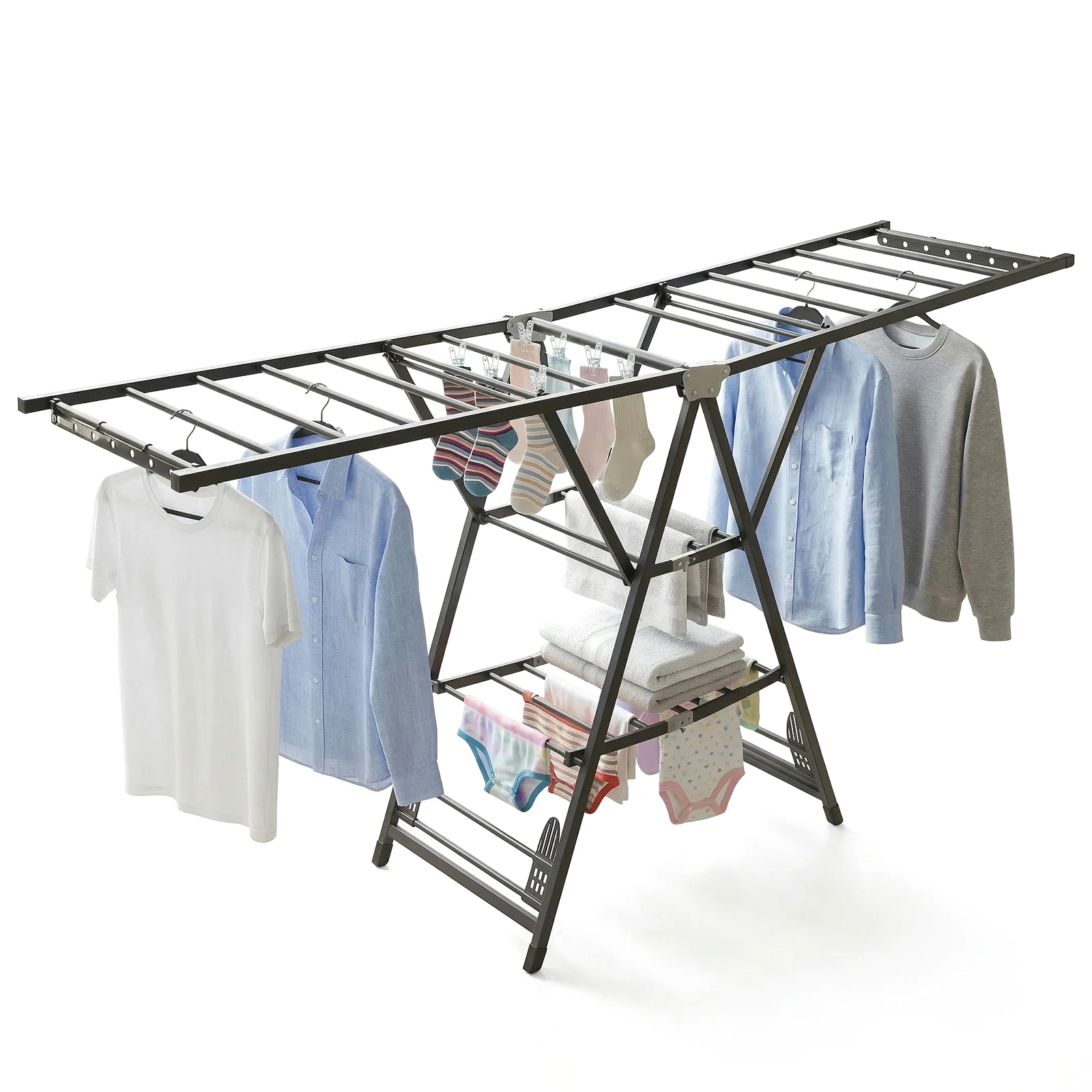 70.87in Clothes Drying Rack Foldable Free-Standing Laundry Airer with Height-Adjustable Wings for Indoor Outdoor Windproof Use