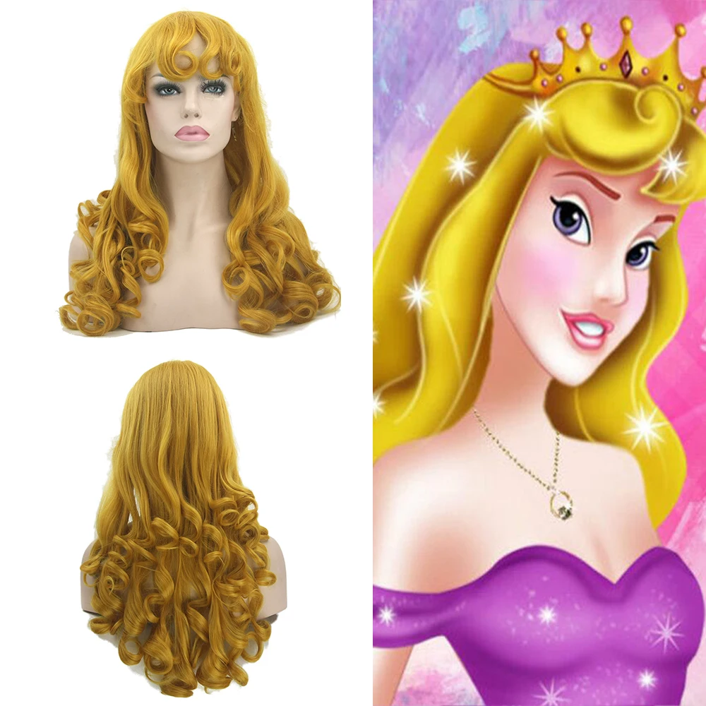 Synthetic Hair Princess Aurora Cosplay Wig Golden Long Curly Wig Sleeping Princess Wigs Halloween Carnival Costume Party