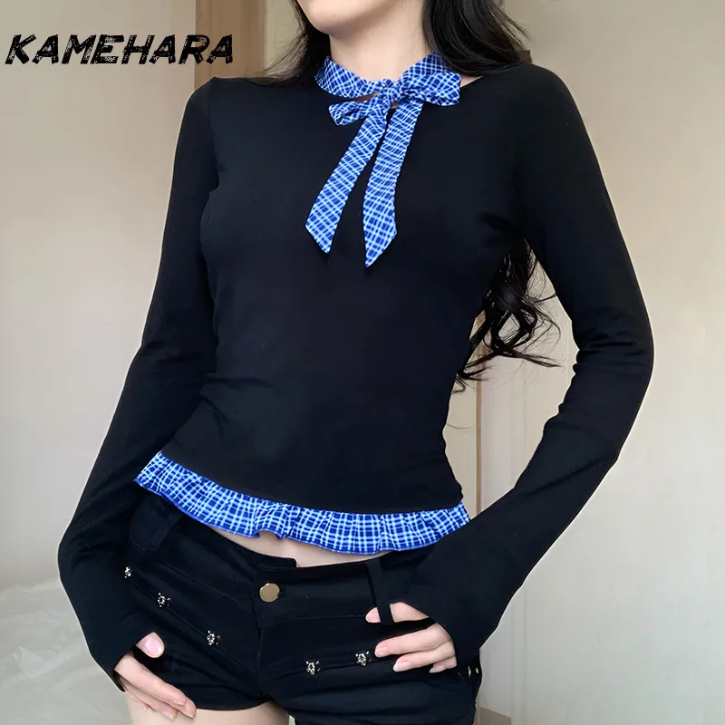 

KAMEHARA European/American Style Age Reducing Bow Tie Lace Patchwork Long Sleeved T-shirt Spring Slim Fit Y2K Blouses ブラウス シフォン