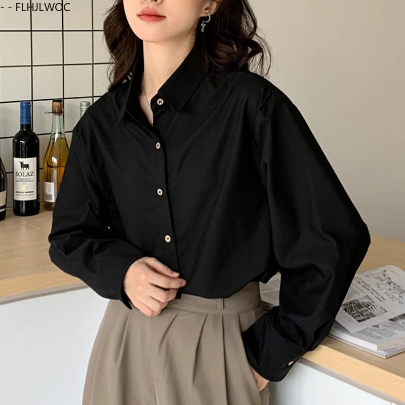 韓国スタイルカジュアルボタンダウンシャツオフィスレディ女性仕事シングルブレストベーシックソリッドエレガントなフレンチデザインブラックシャツ