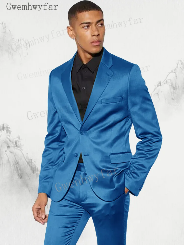 

Gwenhwyfar Blue Satin Notch Lapel Men Suits Costume Homme Wedding Tuxedo Terno Masculino Slim Fit Groom Prom Party 2 Pcs