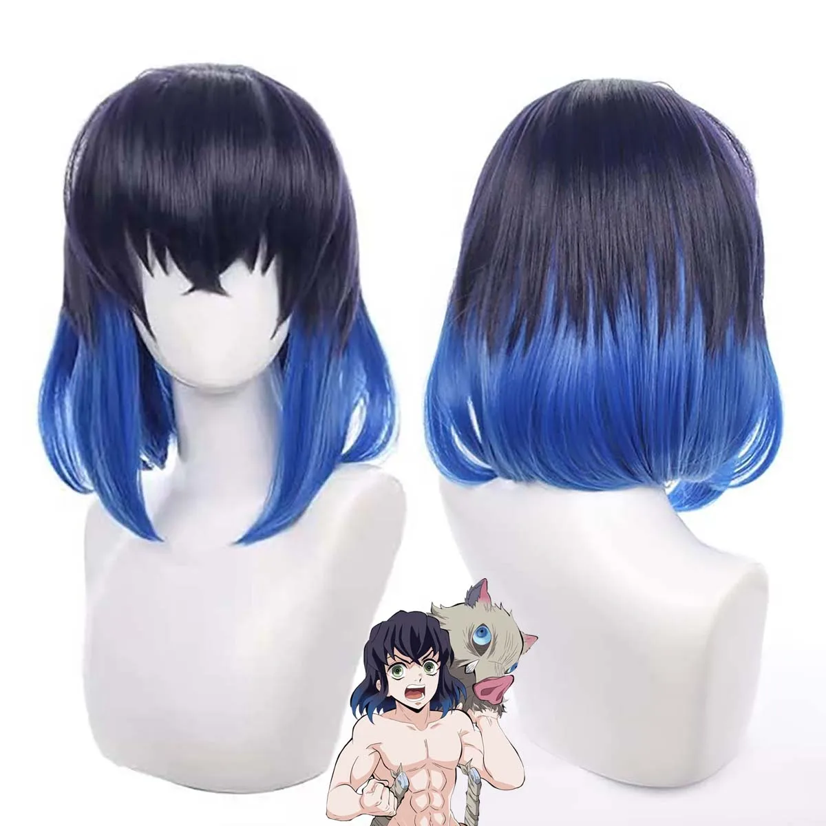 애니메이션 코스프레 소품 악마 하시비라 이노스케 블랙 혼합 블루 스트레이트 헤어 가발
