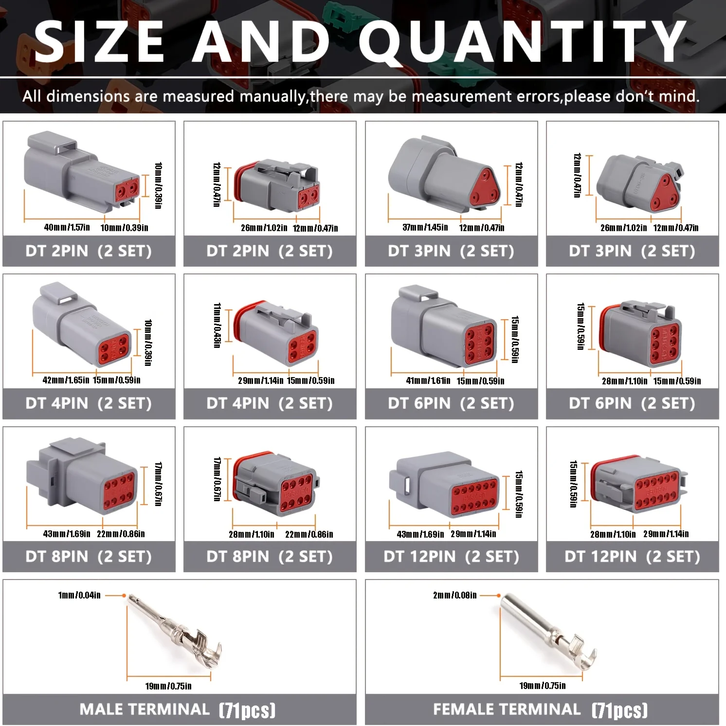 Connector kit 190 pcs, 12 sets of 2, 3, 4, 6, 8, 12-pin connectors, size 16, stamped contacts, 14-20AWG DT series sealed automotive wire connectors