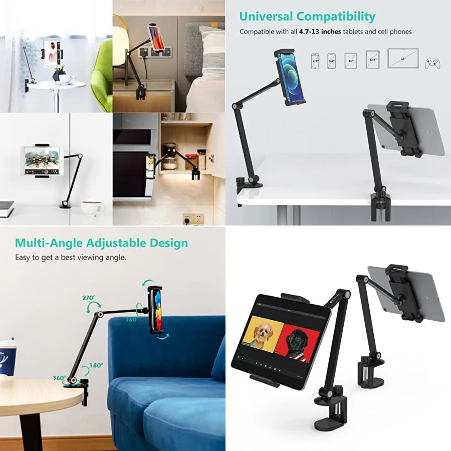

iPad Desk Mount, Adjustable Tablet Holder Clamp, 360 degree Rotation, Sturdy Aluminum Tablet Arm Mount for 4.7"-13" iPad Pro/Air/Mini, iPhone, Galaxy Tab, for Kitchen, Work, Video Call(Black)