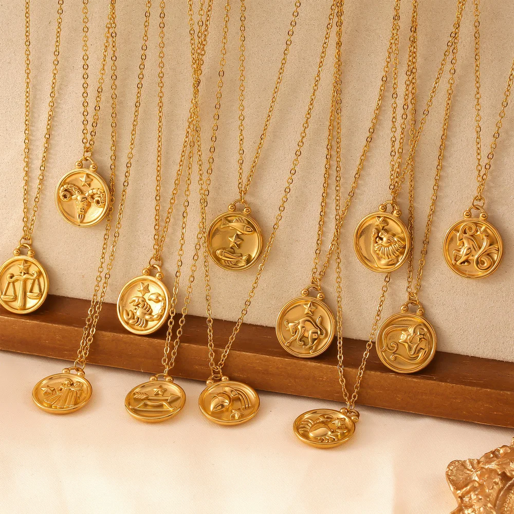 12 Constellations New 18k Gold Plated Double Faced Relief Zodiac Coin Pendant Charms Round Pendant DIY Necklace